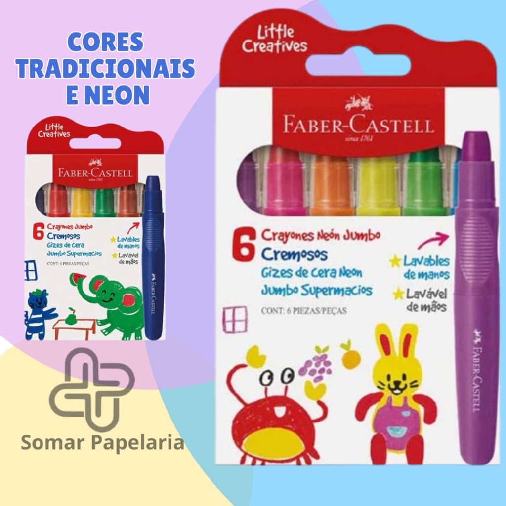 Giz de Cera Supermacio Jumbo Neon, Little Creatives, 6 Cores, Faber-Castell