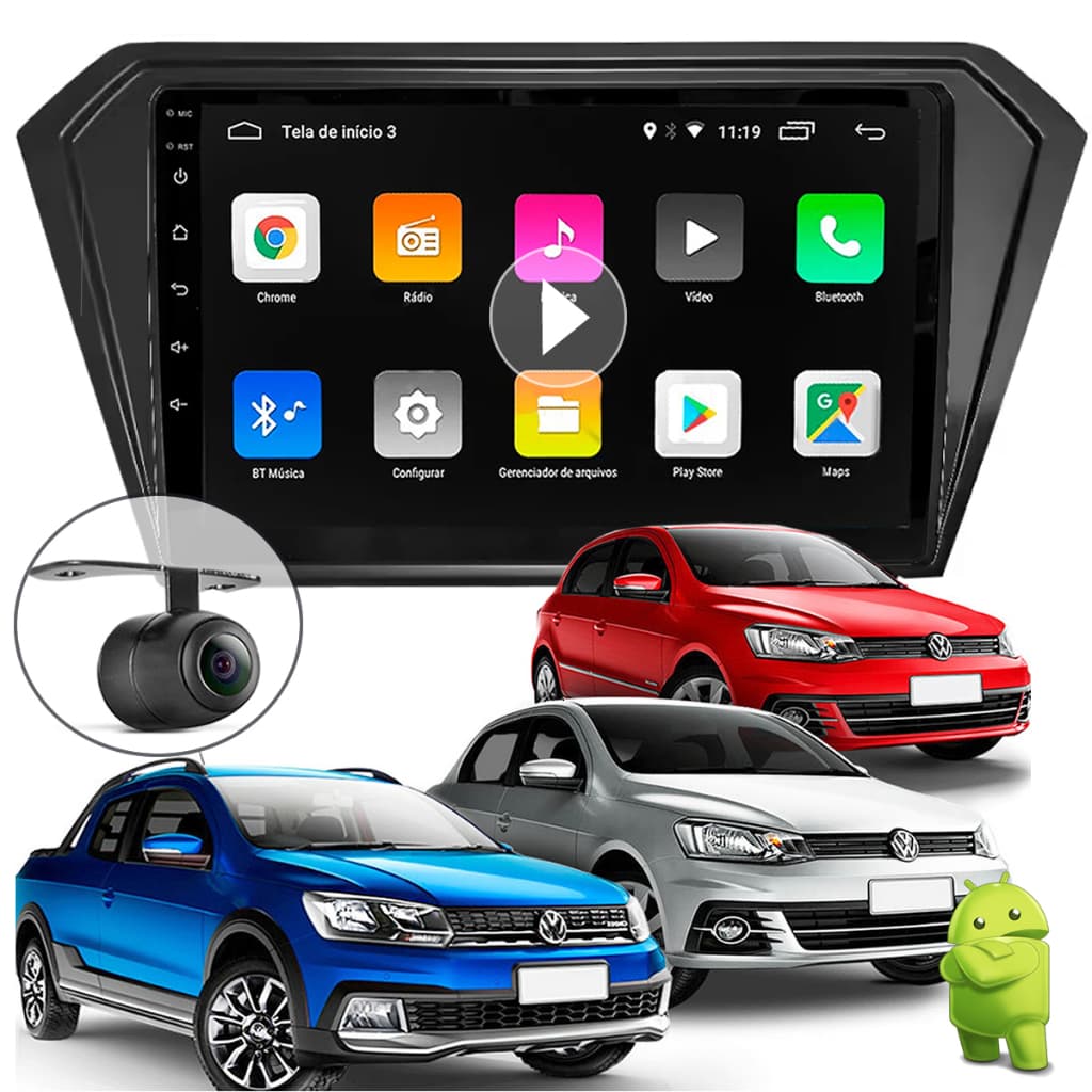 Central Multimídia 9" pol Android Auto Carplay Gol Saveiro Voyage G7 G8 2016 2017 2018 2019 à 2024