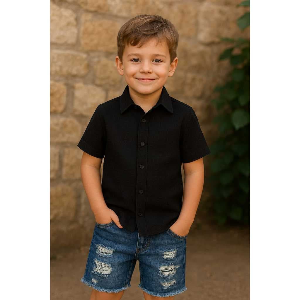 Conjunto Infantil Menino Mauricinho Social Casual Camisa / Polo Manga Curta e Bermuda Jeans / Sarja