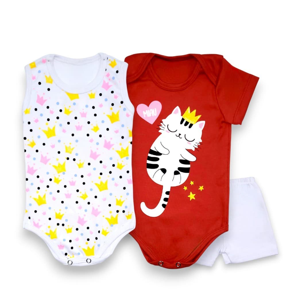 Body 3 peças Trijunto Verão Menina Tam RN ao GG, Body Manga curta, regata e shorts. Roupa de Bebe