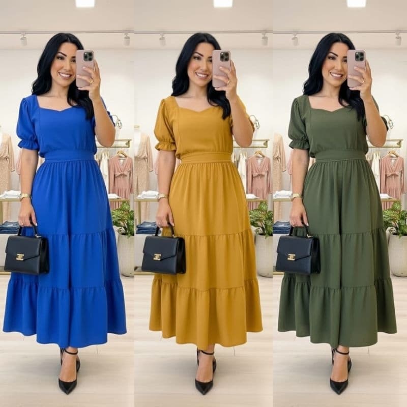 Vestido Feminino Camponesa  Midi Manga Princesa Três Marias Moda Evangélica Com Faixa Cinto Rute