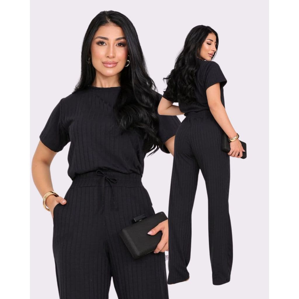 Conjunto Feminino Canelado Premium Manga Curta com Calça Justa Moda Casual Tendencia Luxo