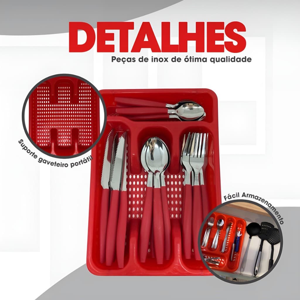 Jogo de Talheres 25 Peças Inox Conjunto Faqueiro Com Porta Garfos Colheres e Facas