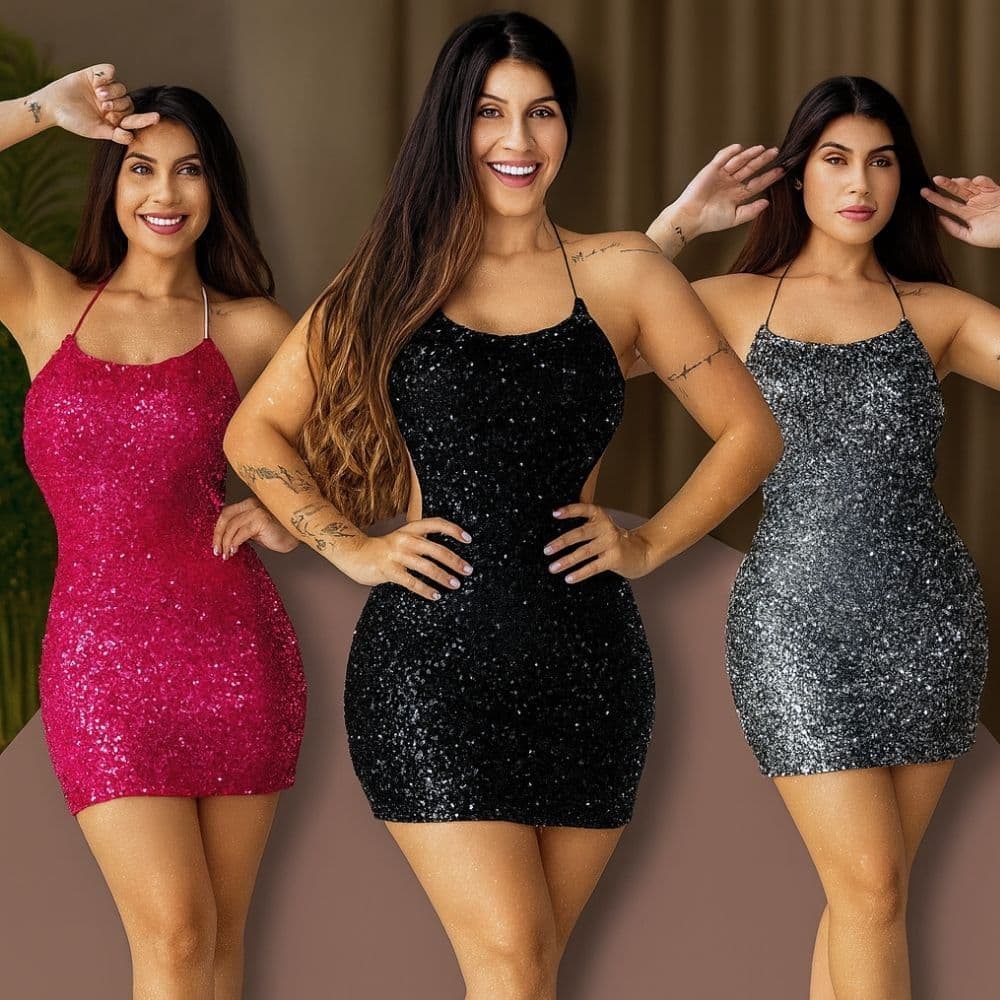 Vestido Curto Feminino Paetê Luxo Festa Balada Costas Abertas Alça Fina Elegante