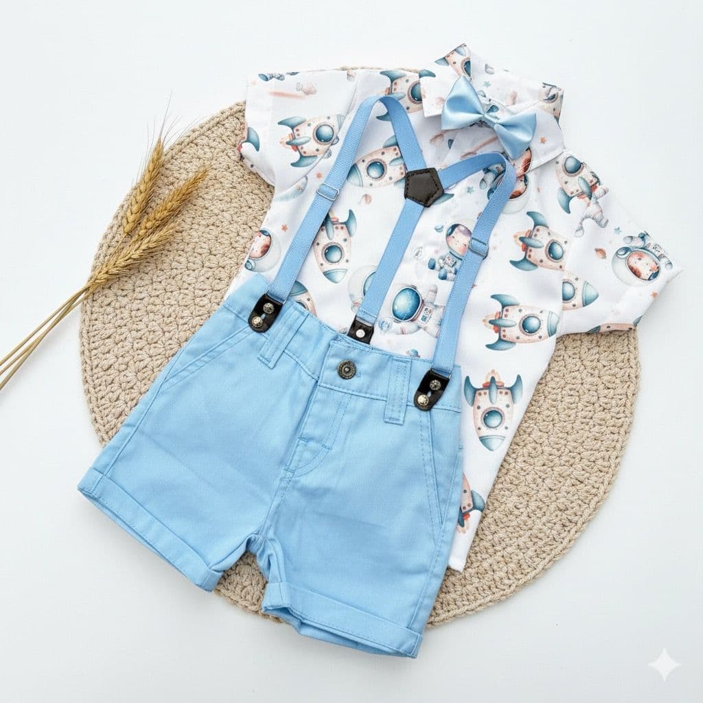 conjunto menino aniversario social modelo short brim astronauta baby azul clara