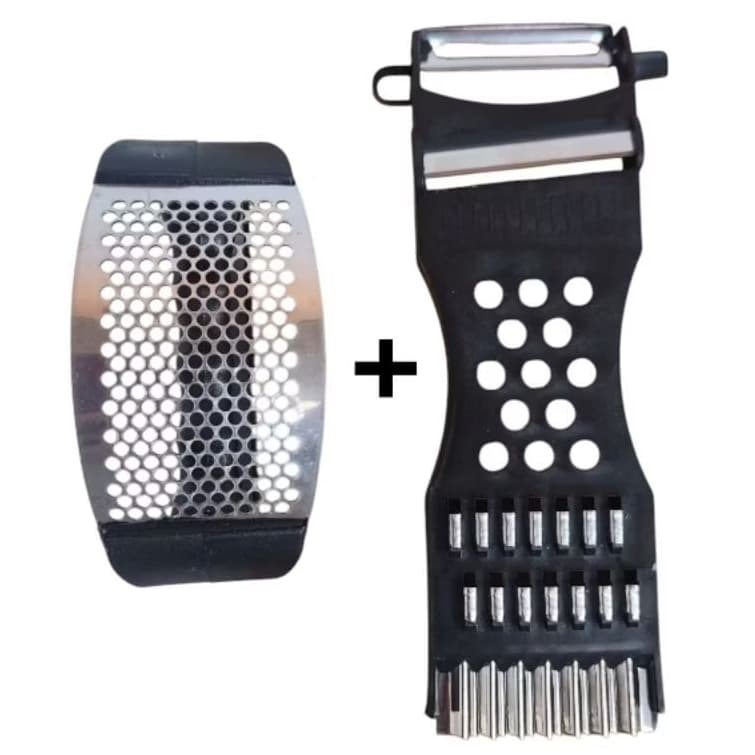 Kit Amassador De ALho Descascador Fatiador Multifuncional 2 Utensílios Para Cozinha