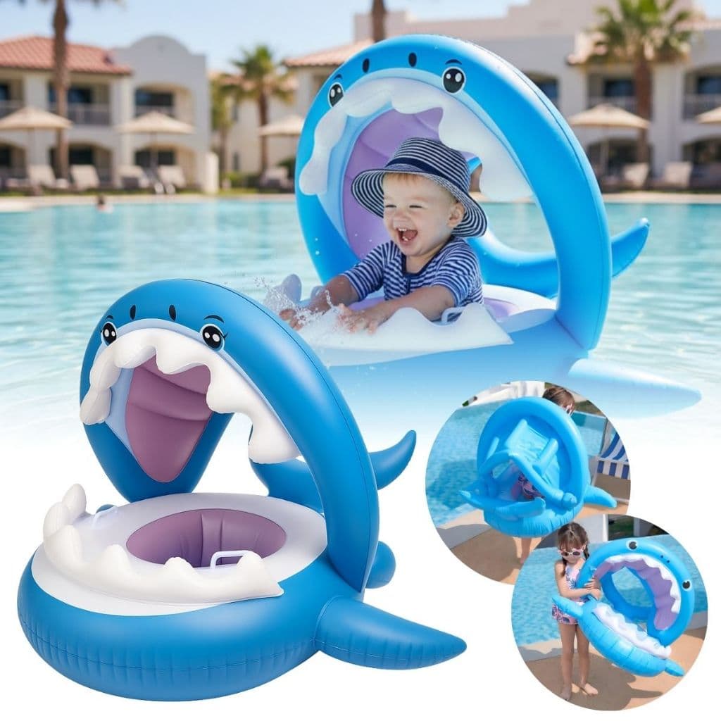 Boia Infantil Tubarão Shark Bebê Com Cobertura Proteção Solar Piscina Praia Inflável
