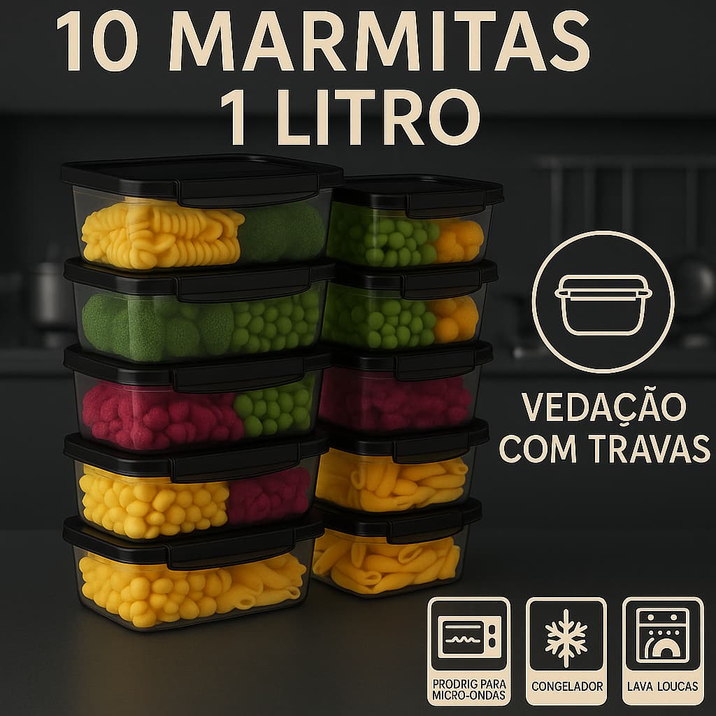 Kit 10 Marmita Potes 1000ml Tampa Preta/Transparente com Travas Laterais BPA FREE Alimentos