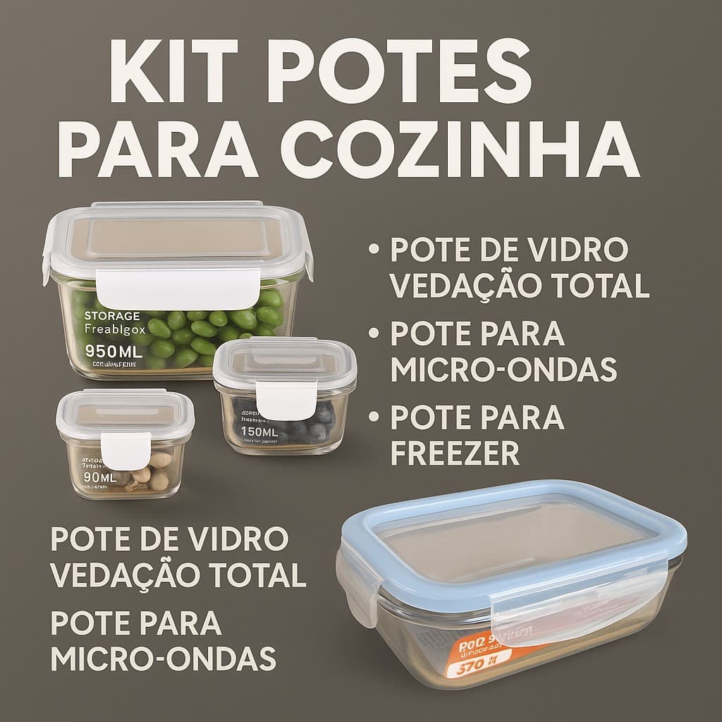 Kit 3 Potes Herméticos de Vidro com Tampa Trava | Vedação Total | Para Marmita e Organização