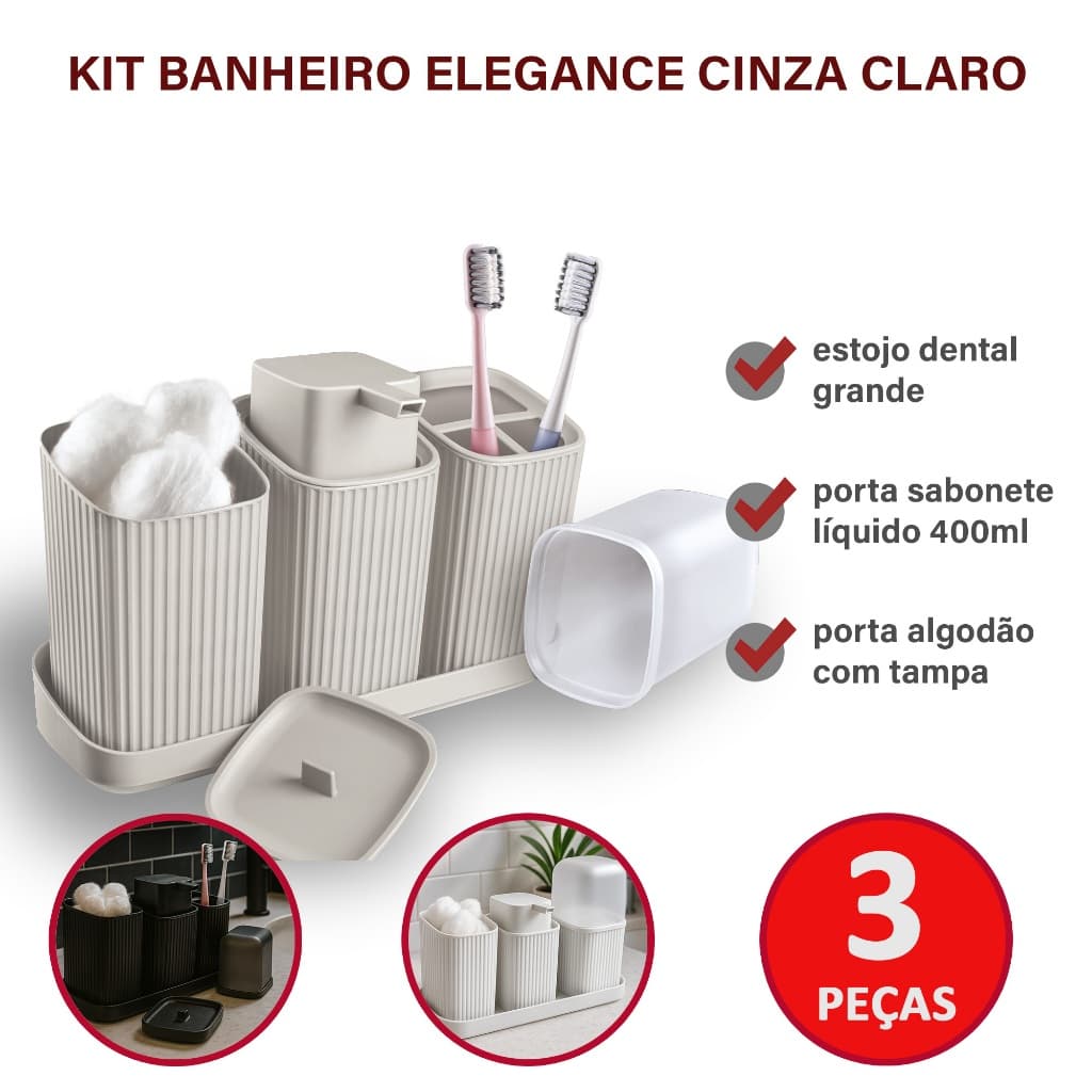 Kit Banheiro Elegance Premium 3 Peças Usual Dispenser Sabonete Porta Escovas Algodão e Bandeja