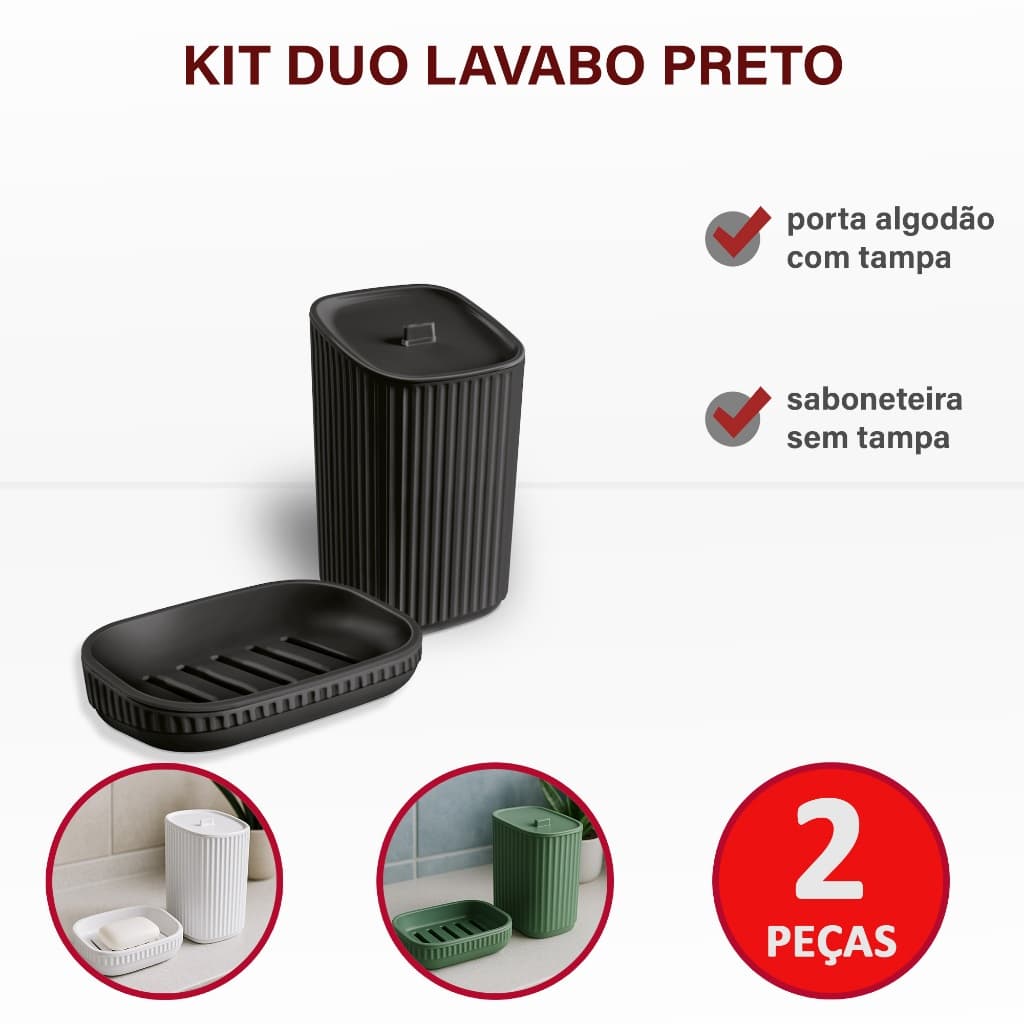 Conjunto Banheiro 2 Peças Usual Saboneteira com Escoamento e Porta Algodão com Tampa Cores Variadas