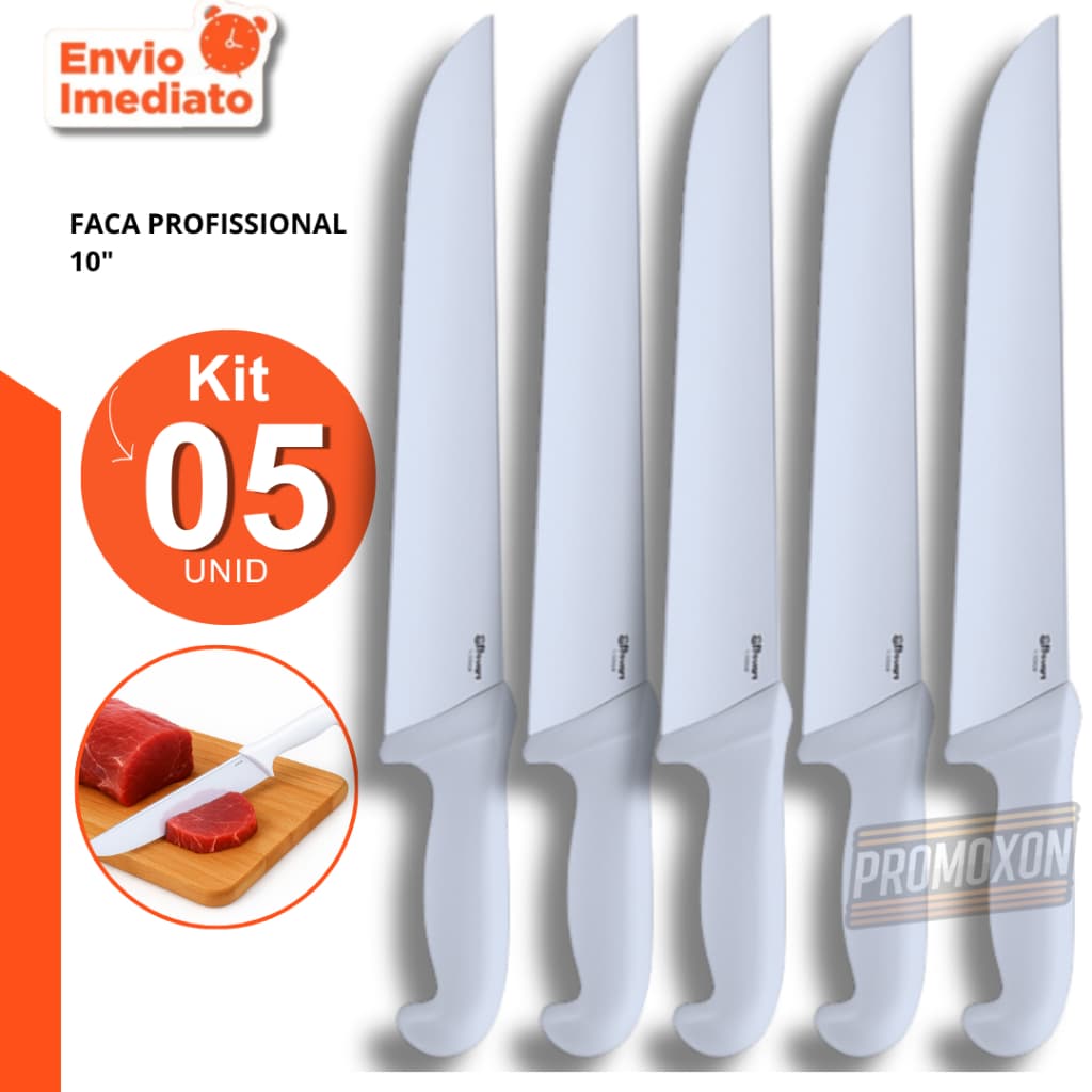 Kit Utensílios - Facas de Carne 10 Açougueiro Inox Cabo Branco Churrasco Cozinha Açougue Churrascaria