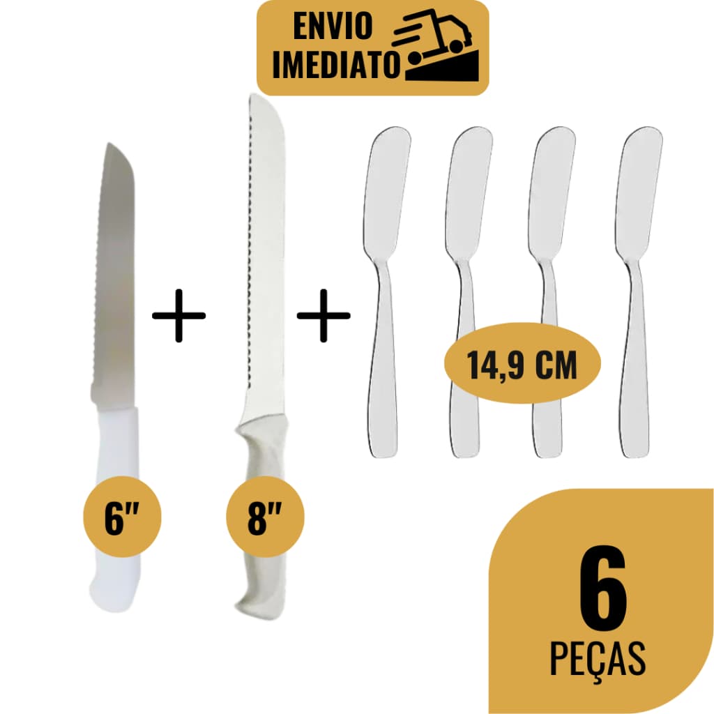 Kit 1/2/5/6/ Faca de Pão Serrilhada Bolo Torta Conjunto Faca Cozinha Inox Cabo Branco Resistente