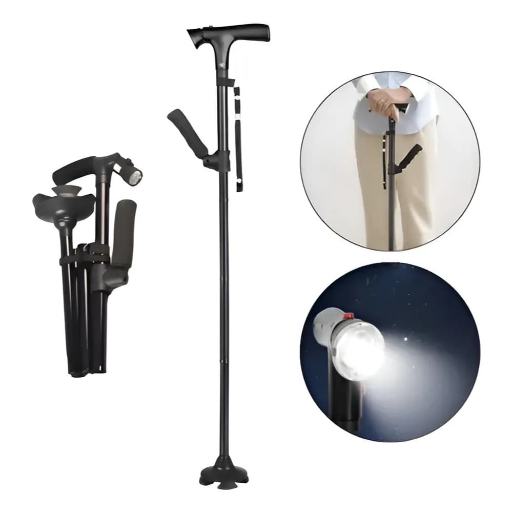 Bengala Dobrável - Led Base Antiderrapante Altura Ajustável Preto