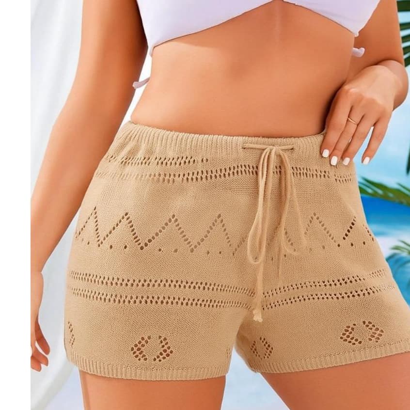 Short Feminino Saida de Praia Shortinho Tricot  Crochê  Com Cós com cordão para regulagem