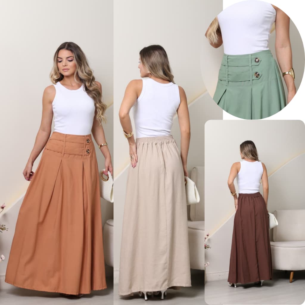 SAIA LONGA FEMININA CINTURA ALTA COM ELASTICO NAS COSTAS