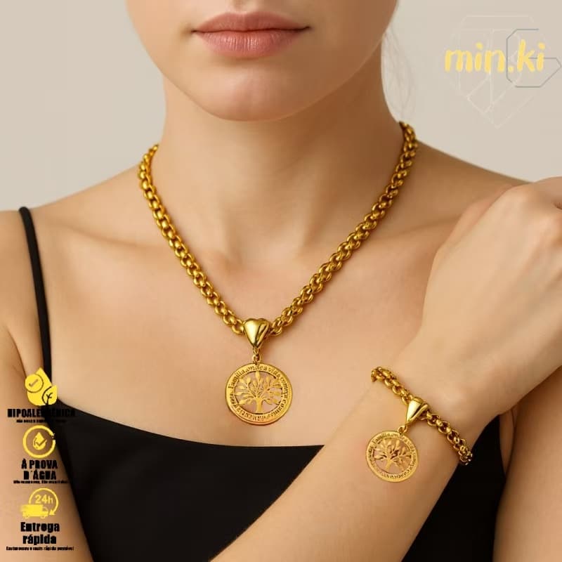 Colar e Pulseira Veneziana Árvore da Vida – Folheado a Ouro com Verniz Italiano