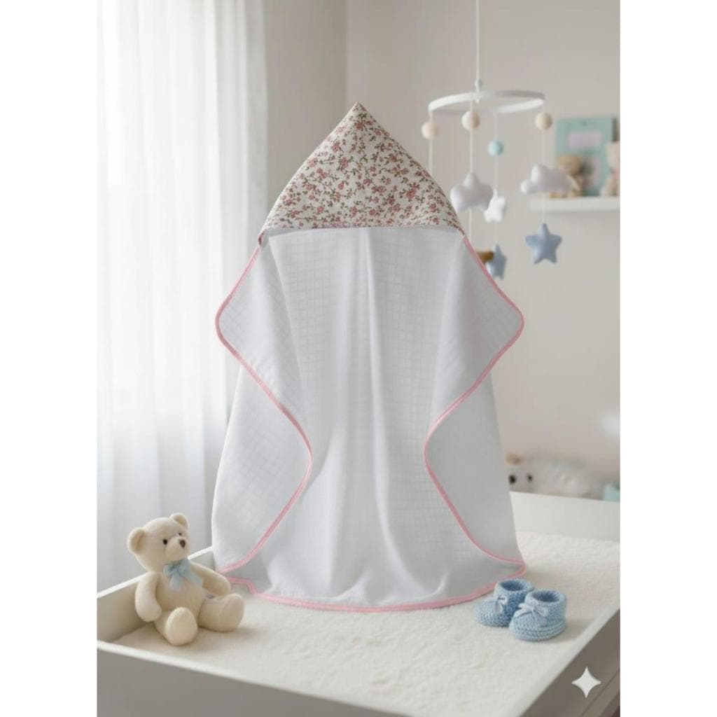 Toalha de banho felpuda  bebê infantil com capuz flores rosa menina 100%algodão macia