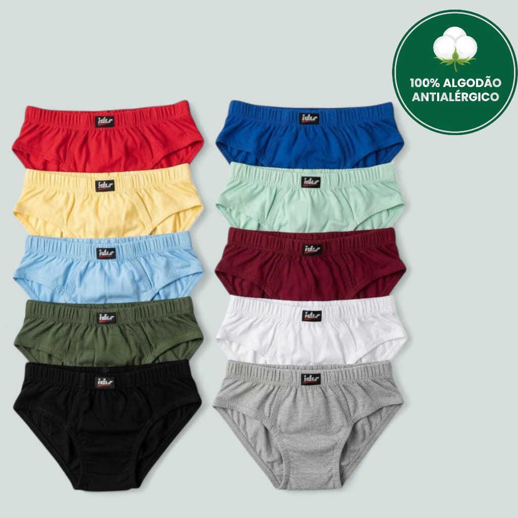 COMBO 10 CUECAS INFANTIL ALGODÃO ANTIALÉRGICO COM FORRO SLIP LISAS JUVENIL SUNGA PREMIUM MENINO