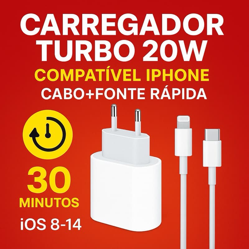 Kit Carregador Turbo 20W Compatível com iPhone Cabo+Fonte Rápida iOS 8–14 Pro Max com Garantia 3 meses