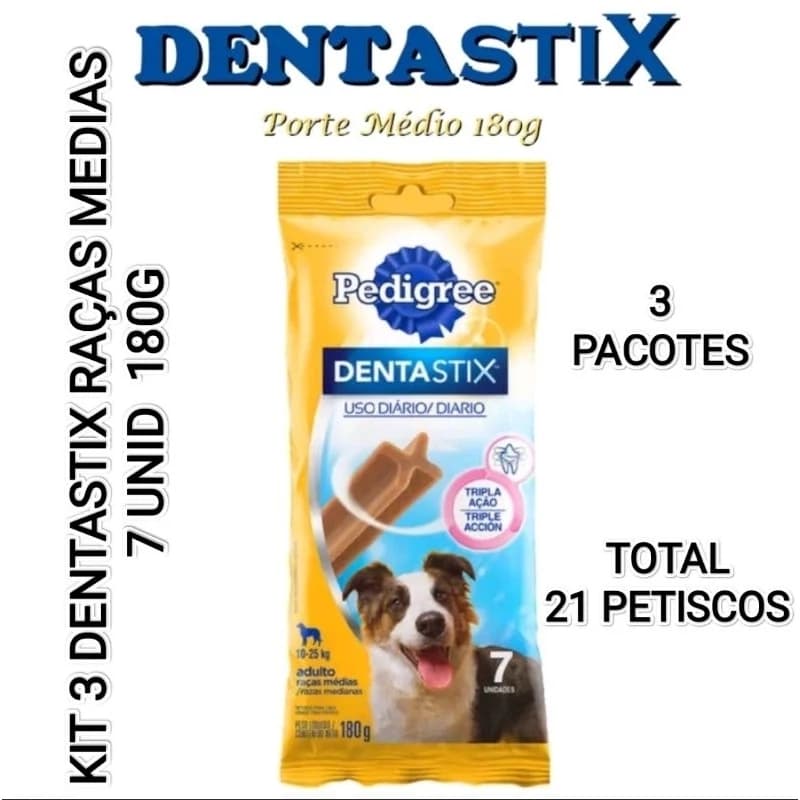 KIT 3 PACOTES PETISCO CÃO RAÇAS MÉDIAS DENTASTIX 180G 7 UNID
