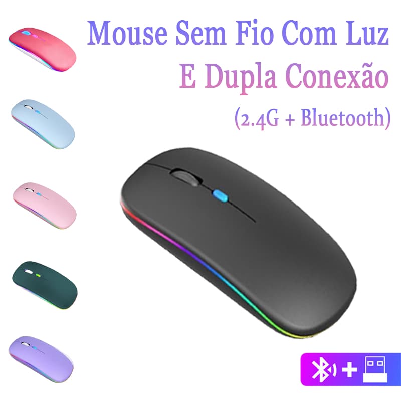 Mouse Sem Fio RGB Duplo Modo Bluetooth + USB Silencioso e Ergonômico
