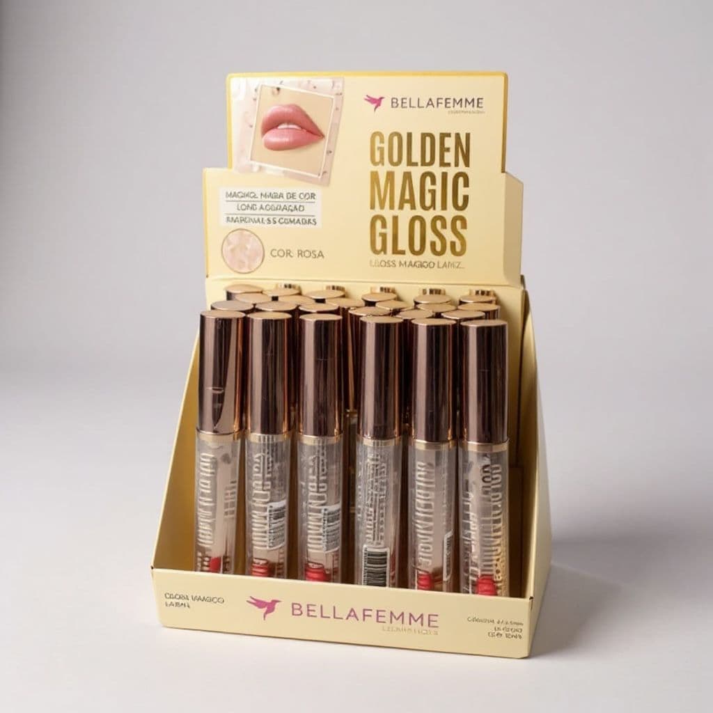 Box C/24 Lip Gloss Bella Femme Golden Magic – Brilho Luxuoso e Ideal para Revenda