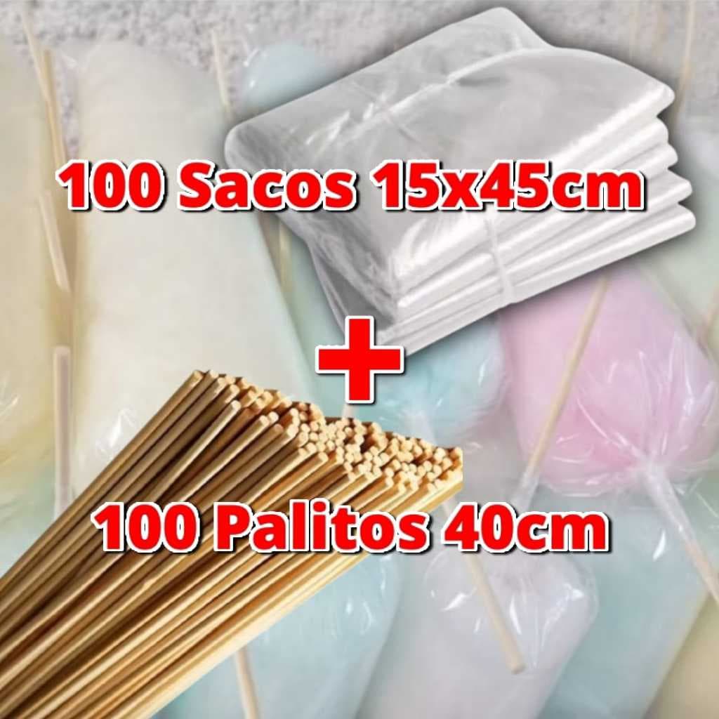 Kit 100 Saco Plástico 15x45cm + 100 Vareta Palito Bambu Para Algodão Doce 40cm