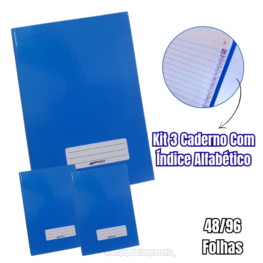 Kit 3 Caderno com Índice Alfabético Brochura 1/4 Office Class