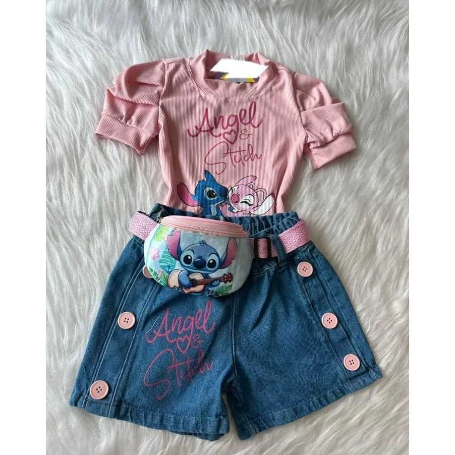 Conjunto meninas infantil,conjunto short jeans estampadoc/ pochete acompanha blusinha tamanho  2 ao 10