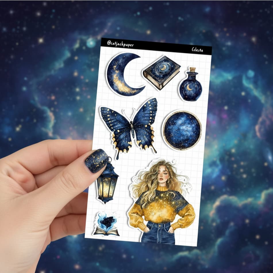 Adesivos Celestial Místico: Cartela para Bullet Journal, Diário, Hobonichi. Borboletas, Lua, Azul