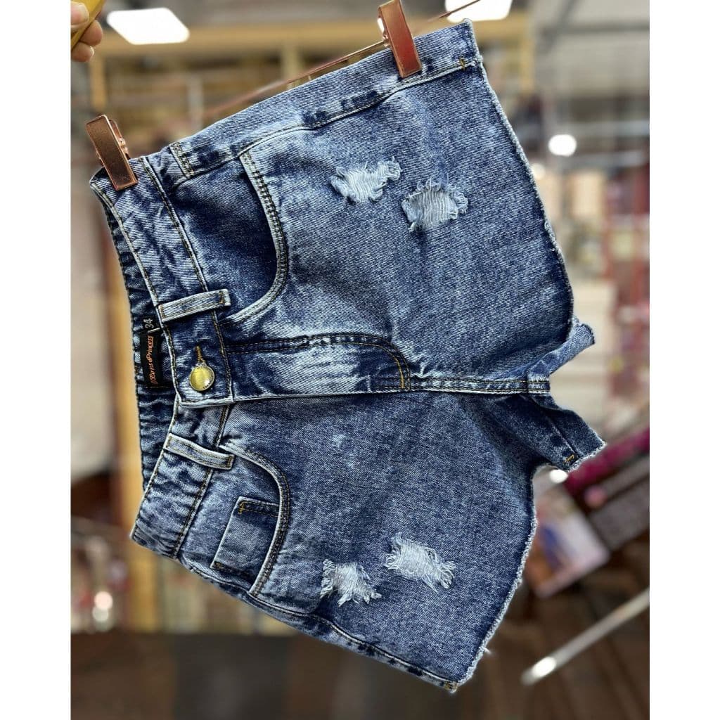 SHORT JEANS FEMININO MARMORIZADO CINTURA ALTA BARRINHA FIO COSTURADA-SEM ELASTANO