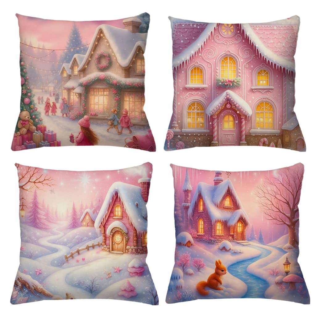 KIT 4 CAPAS DE ALMOFADAS DECORATIVAS NATAL PAPAI NOEL BONECO DE NEVE NATAL ENCANTADO ROSA  - TAMANHO 45X45