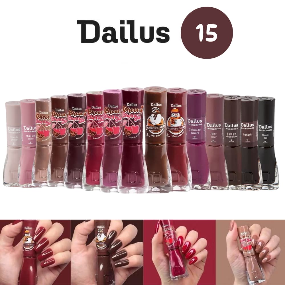 DAILUS Esmaltes Preferidos - Kit com 15 cores -  Tons escuros, Vermelhos Nude Lançamentos