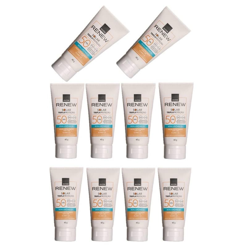 Kit 10 Protetor Solar facial Renew fator 50 FPS Cor Clara 1.0 validade 11/2027.