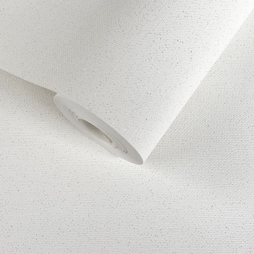 Papel de Parede Importado Texturizado Branco Perolado com Glitter Prata - Rolo 10m x 53cm - Cola Inclusa - Vinílico