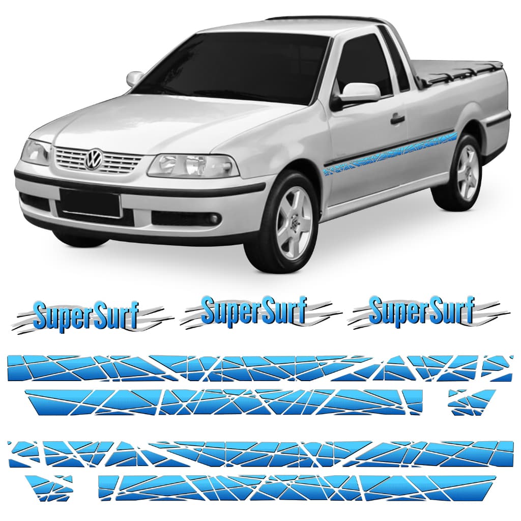 Kit Adesivo Faixa Lateral e Tampa Traseira Saveiro Super Surf G3 2000 2001 2002 2003 2004 2005 Azul