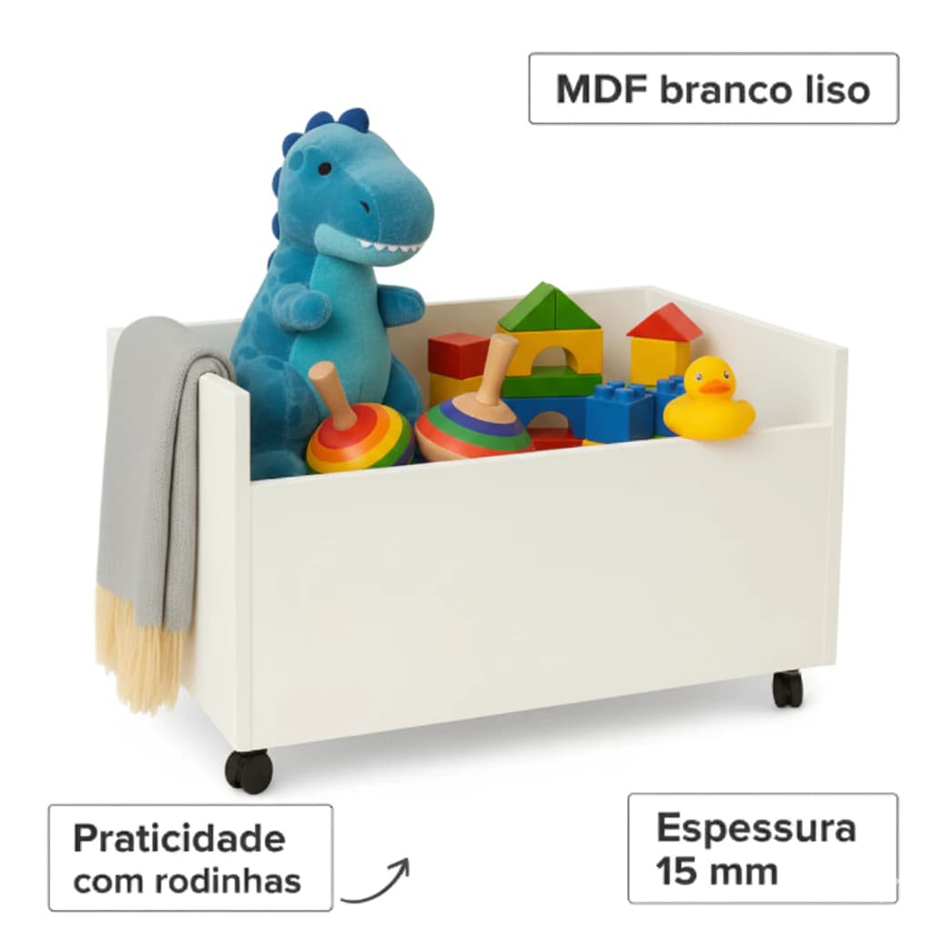 Baú Multiuso em MDF Branco com Rodinhas – Ideal para Brinquedos e Roupas