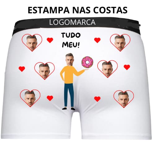 Cueca LGBT Boxer Personalizada nas Costas com Sua Foto - Tudo Meu fundo estampa namorados gay romantiaca presente