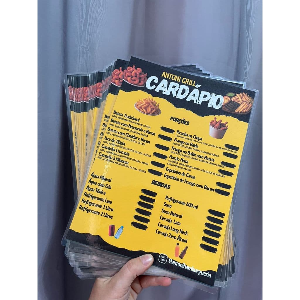 Cardápios Personalizados e Plastificados Tam A4 e A5
