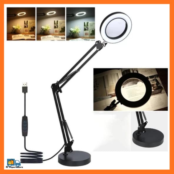 Luminária De Mesa Articulável Com Lente De Aumento Lupa 8X LED Base De Metal Para Leitura, Manicure, Escritório