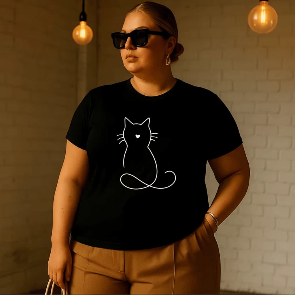Camiseta Plus Size Feminina P Ao G5 Algodão 100% Estampada Gato Riscos Básica Casual Academia Verão