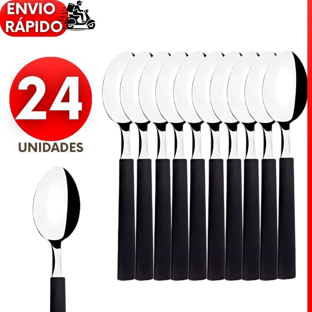 KIT 24 18 ou 12 Colheres com Cabo Preto de Inox Para o Dia a Dia