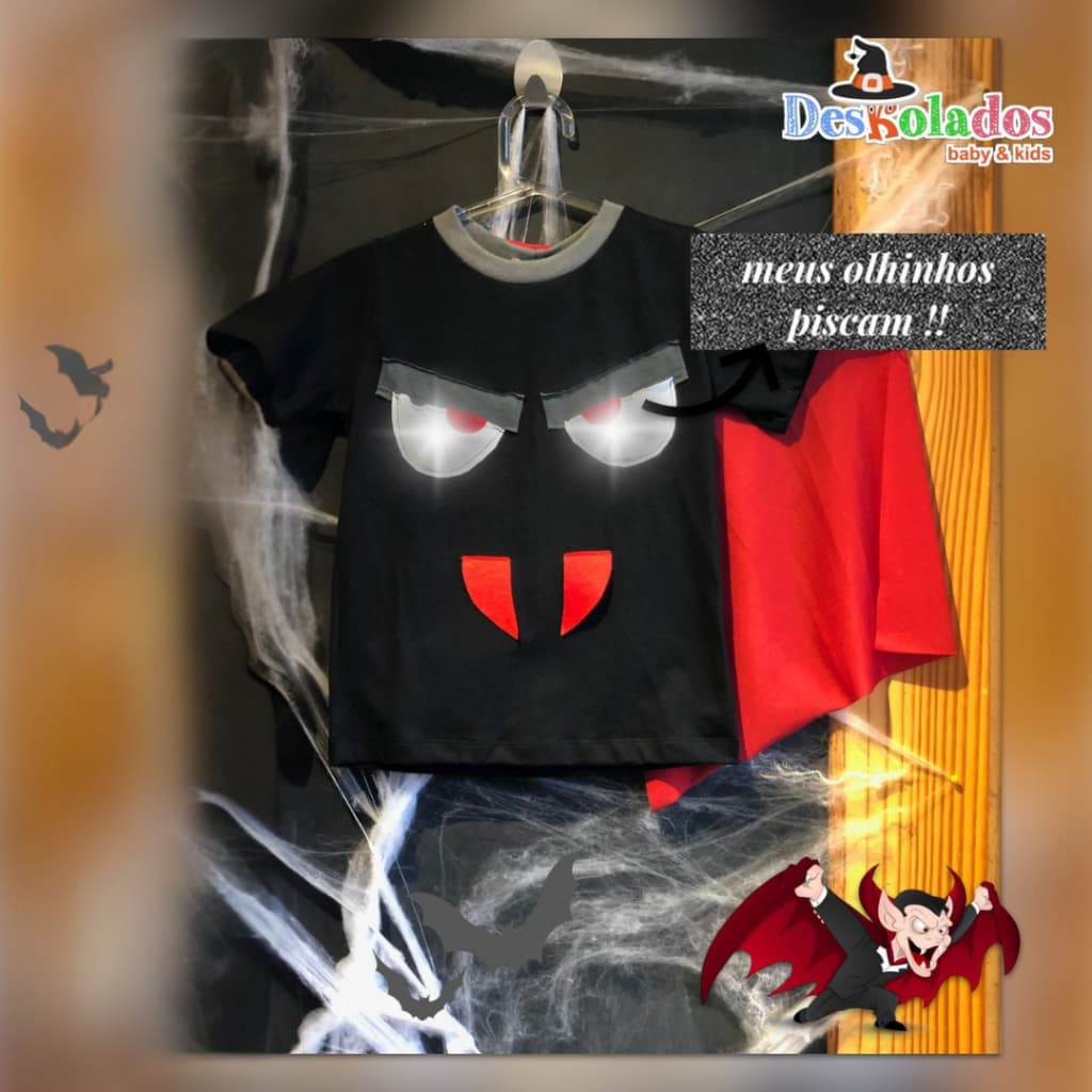 Camiseta Infantil Halloween LED Piscante Fantasma Vampiro Frank Abóbora Esqueleto100% Algodão