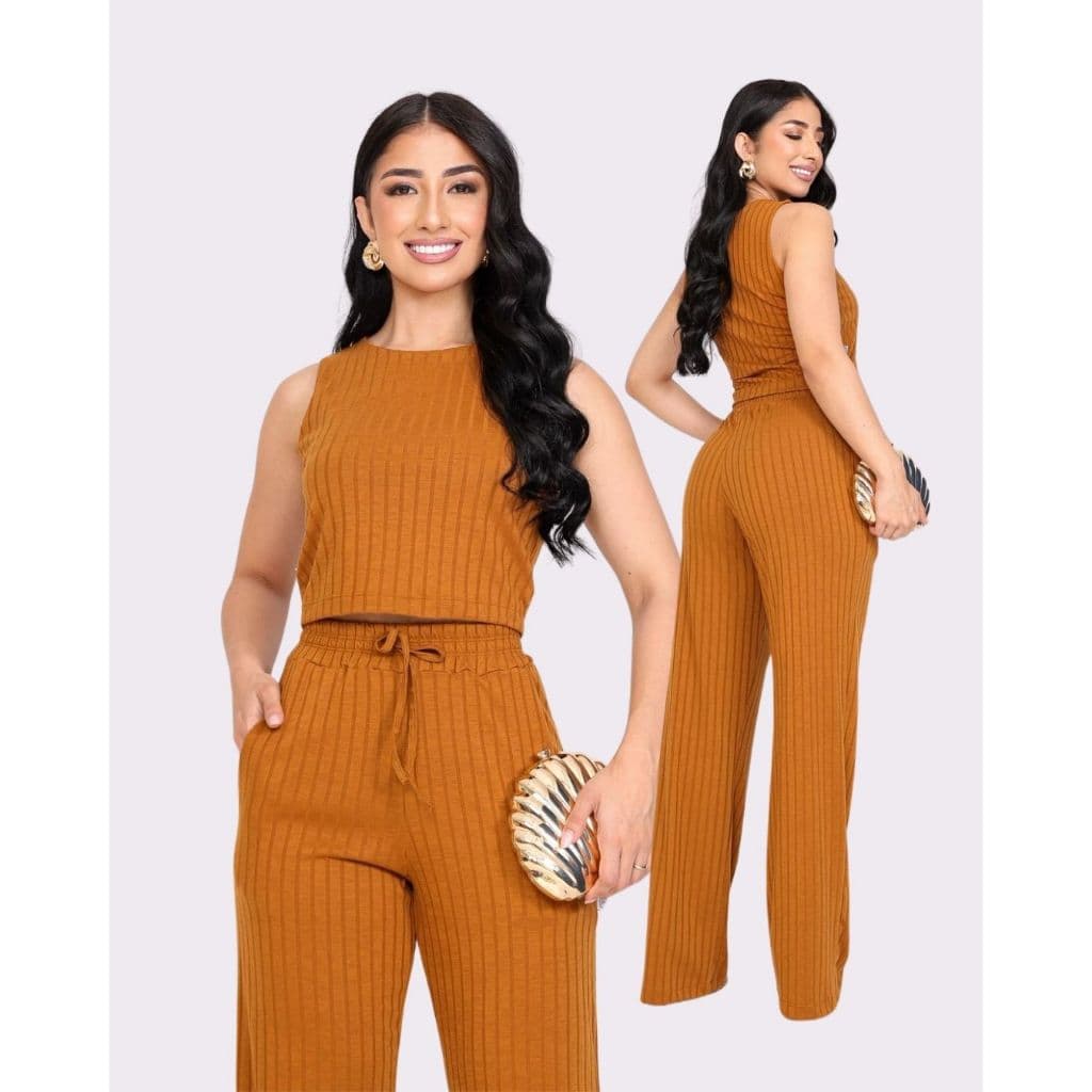 Conjunto Feminino Canelado Premium Blusa Regata Calça Pantalona Casual Básico
