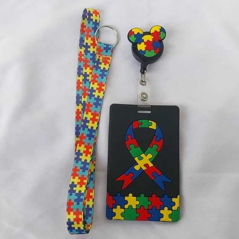 Kits Cordão + Roller Retrátil + Porta Cartão Emborrachado Autismo Preto