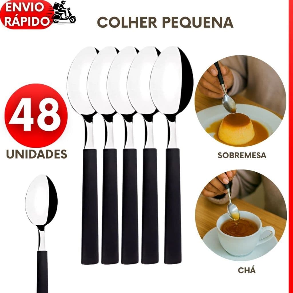 Kit 48,36 ou 24 Colheres Sobremesas Chá Café Cabo Preto Premium Inox para Para o Dia a Dia
