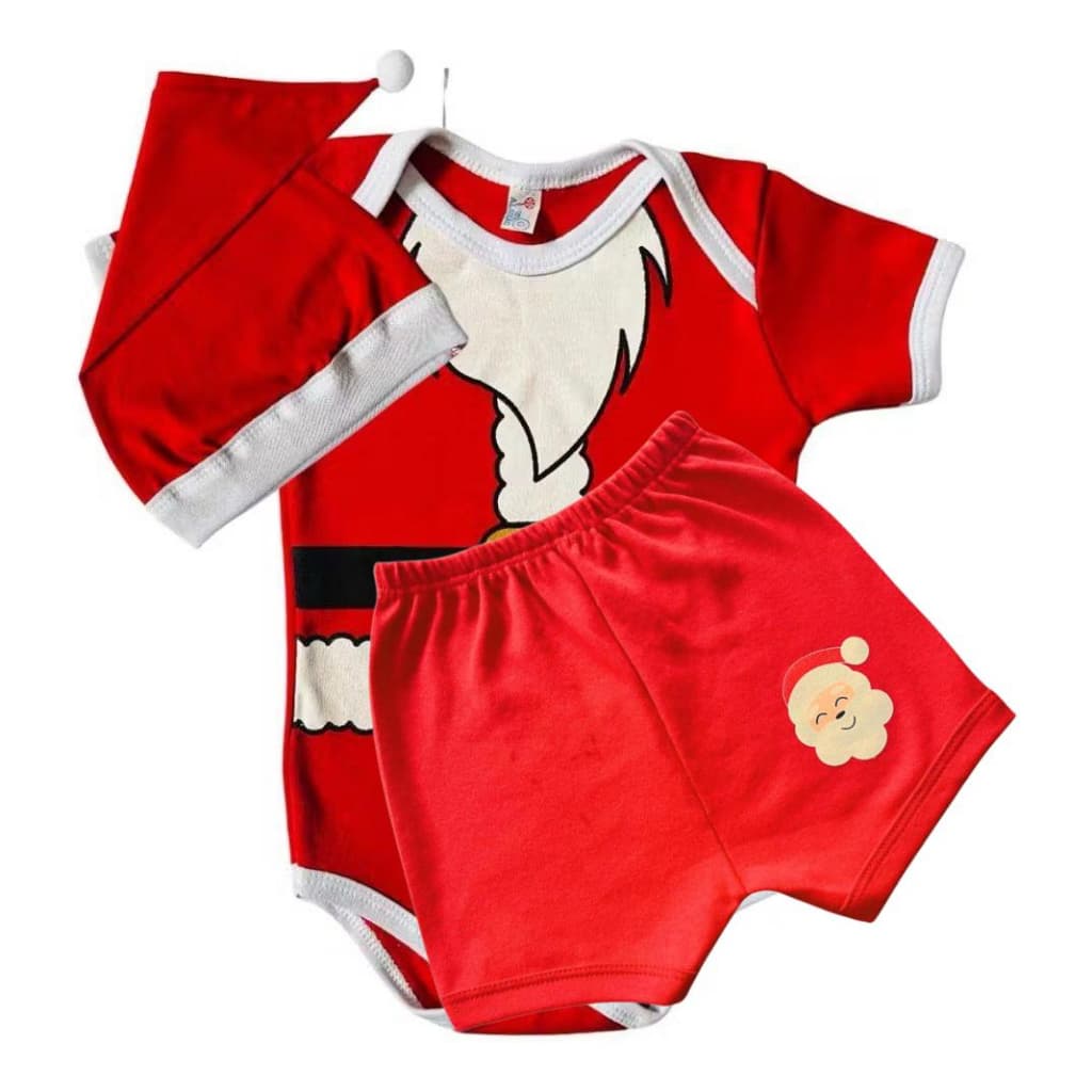 Body + Short + Gorro Natal Bebe Fantasia Papai Noel Mêsversario
