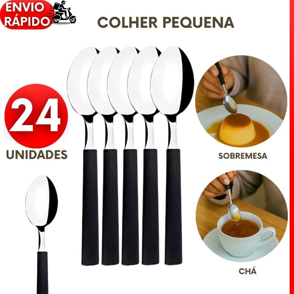 Kit 24 18 ou 12 Colheres Sobremesas Chá Café Cabo Preto Premium Inox para Para o Dia a Dia