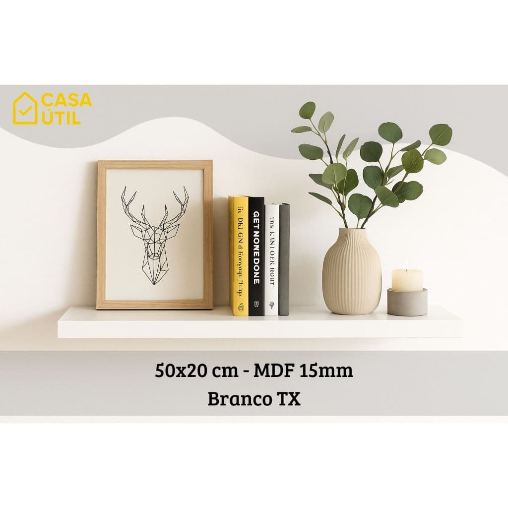 Prateleira 50x20 cm MDF 15mm Branca com Suporte Invisível Reforçado | Sala, Cozinha e Quarto